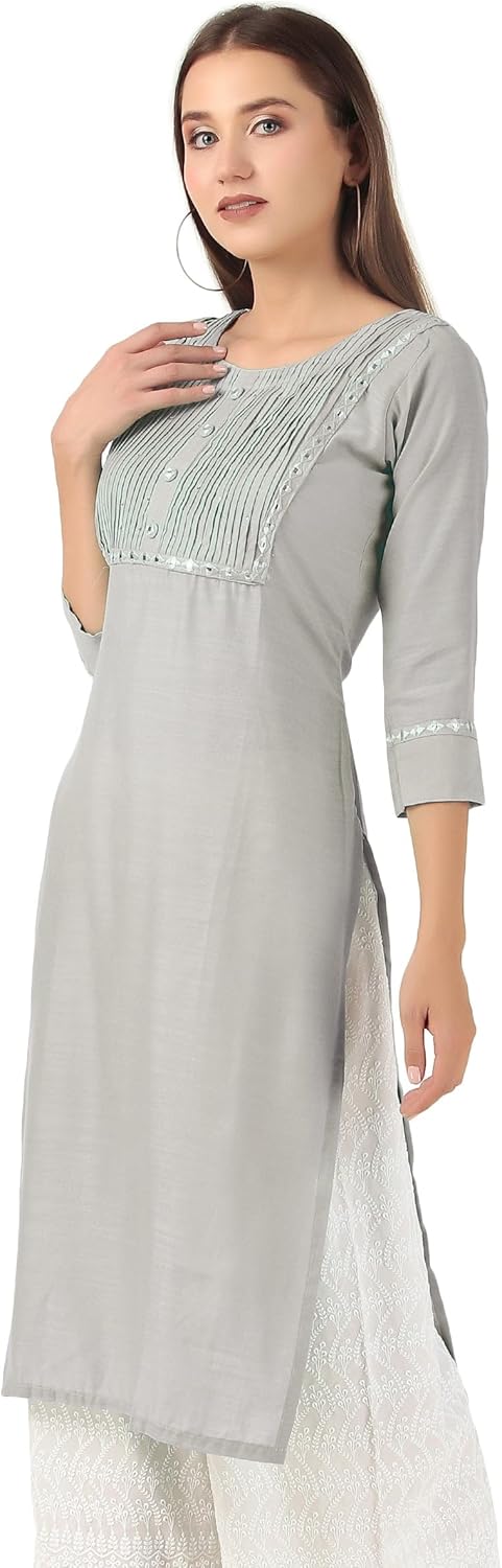 ladyline Rayon Knee Length Tunic Top Embroidered Mirror Work Round Neck Show Buttons Kurti - Image 2