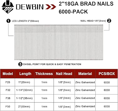 18 Gauge Brad Nails, 6000 Counts 2-inch 18 GA Brad Nails, Galvanized Nails for Nail Gun, Finishing Nail Gun Nails for Pneumatic, Electric Brad Nailer Gun