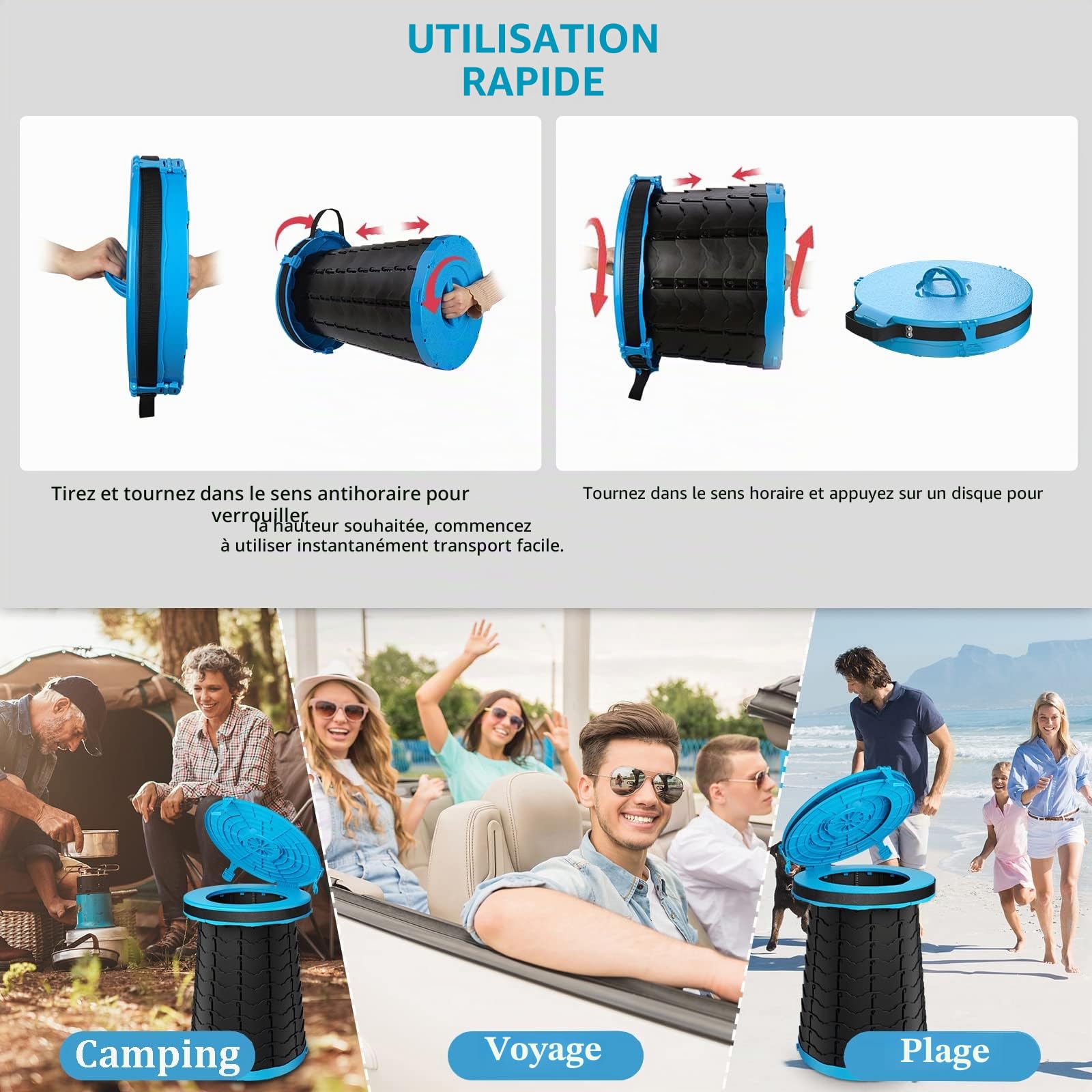 Toilettes portables XXL - Toilettes de camping pliables réglables de 50 cm de hauteur avec couvercle, sangle, sac de toilette pour camping, randonnée, voyage et voiture (bleu)