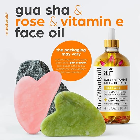 ArtNaturals Vitamin E Body Oil & Gua Sha Set, 4 oz | Deeply Nourishes & Hydrates, Supports Smooth-Looking Skin, Suitable for Face & Body, Daily Moisturizing Care