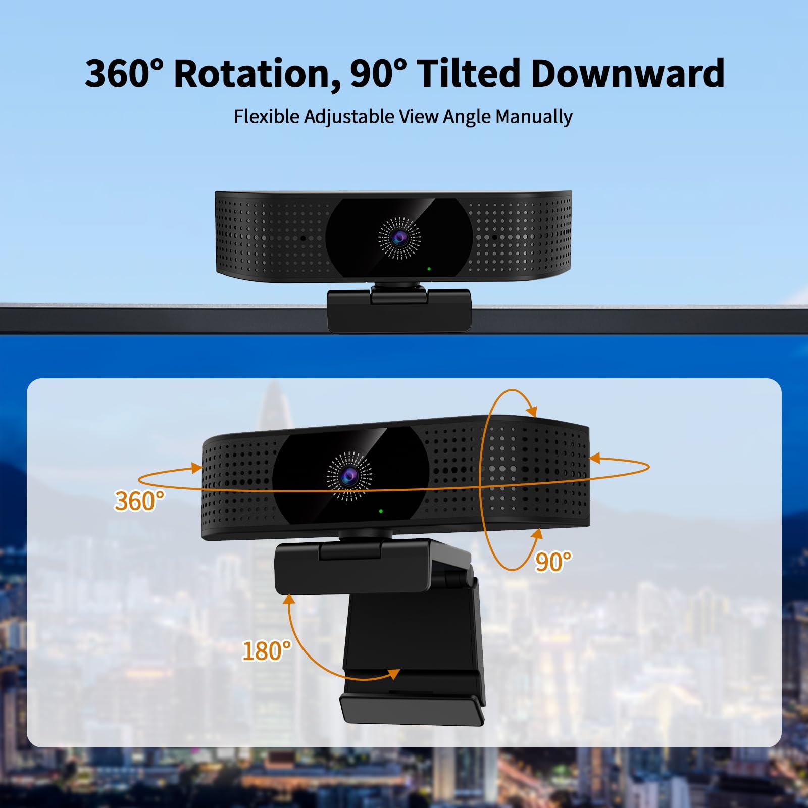 Webcam wireless 1080P per PC, webcam con microfono che riduce il rumore, FOV 92°, rotazione a 360°, plug and play, fotocamera wireless funziona con Skype, zoom per conferenze, videochiamate (senza