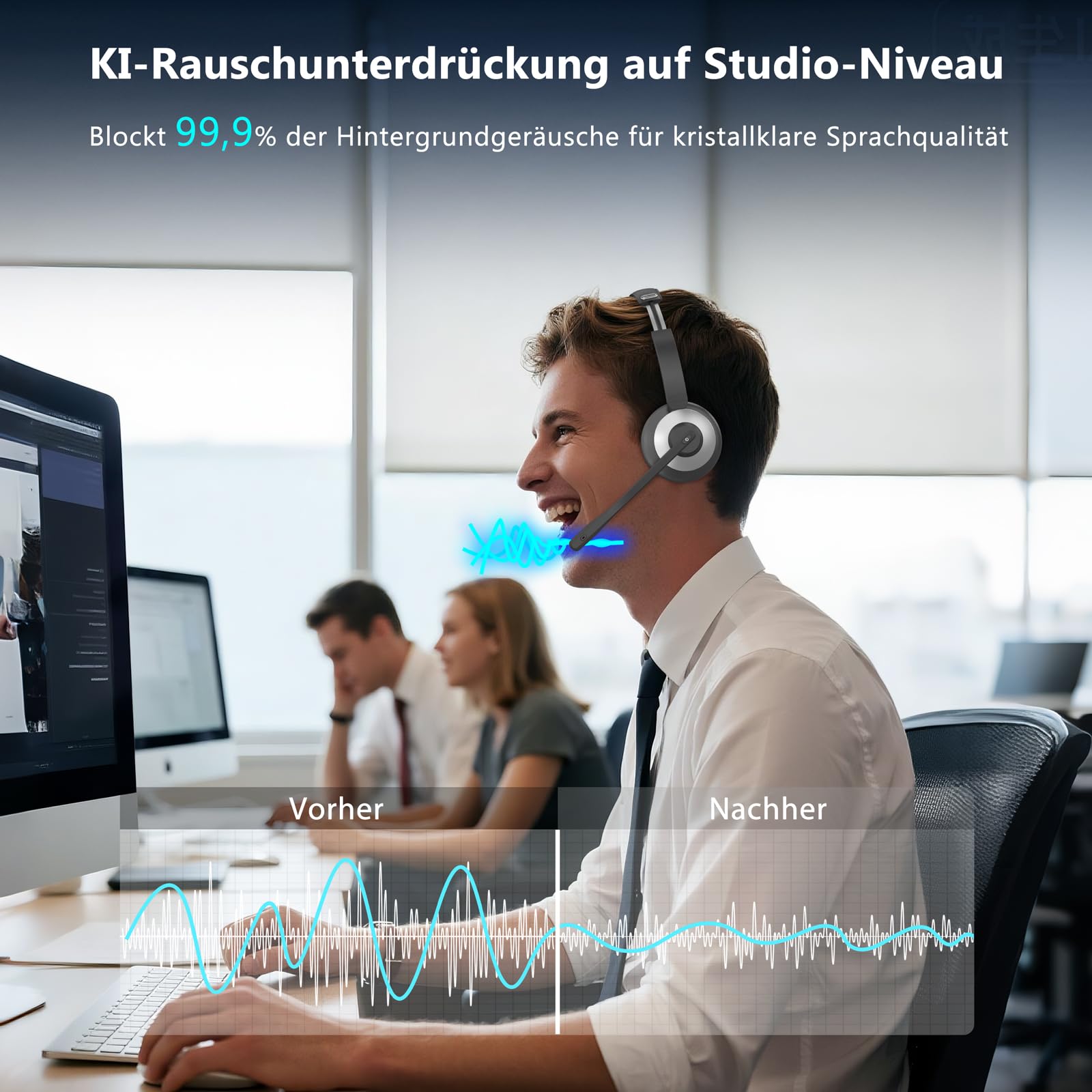 Bluetooth Headset mit Mikrofon, Kabelloses Office Headset mit ENC Mikrofon