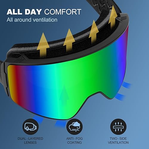 Miniatura 5 de Odoland Gafas de esquí, protección UV, gafas de snowboard cilíndricas antivaho con estuche para hombres, mujeres y jóvenes