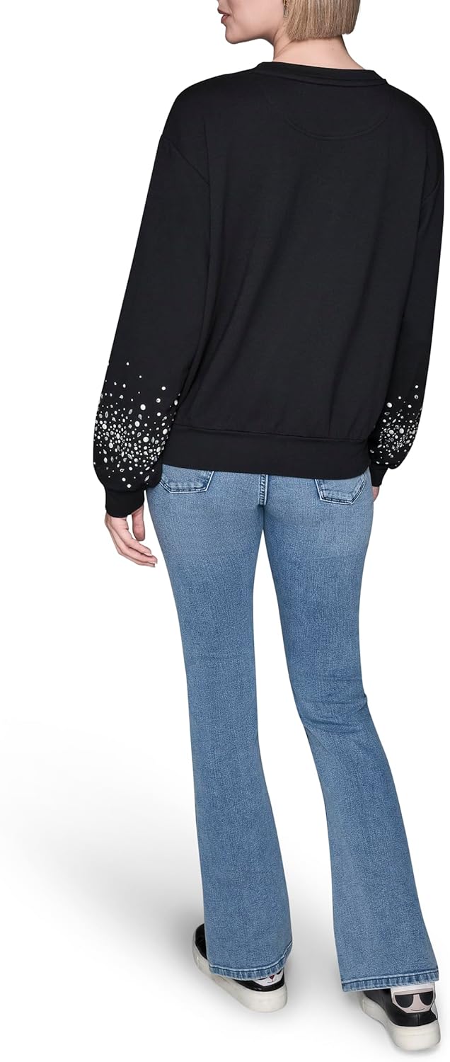 KARL LAGERFELD womens Long Sleeve Crew Neck Bejewled French Terry Sweatshirt - Image 4
