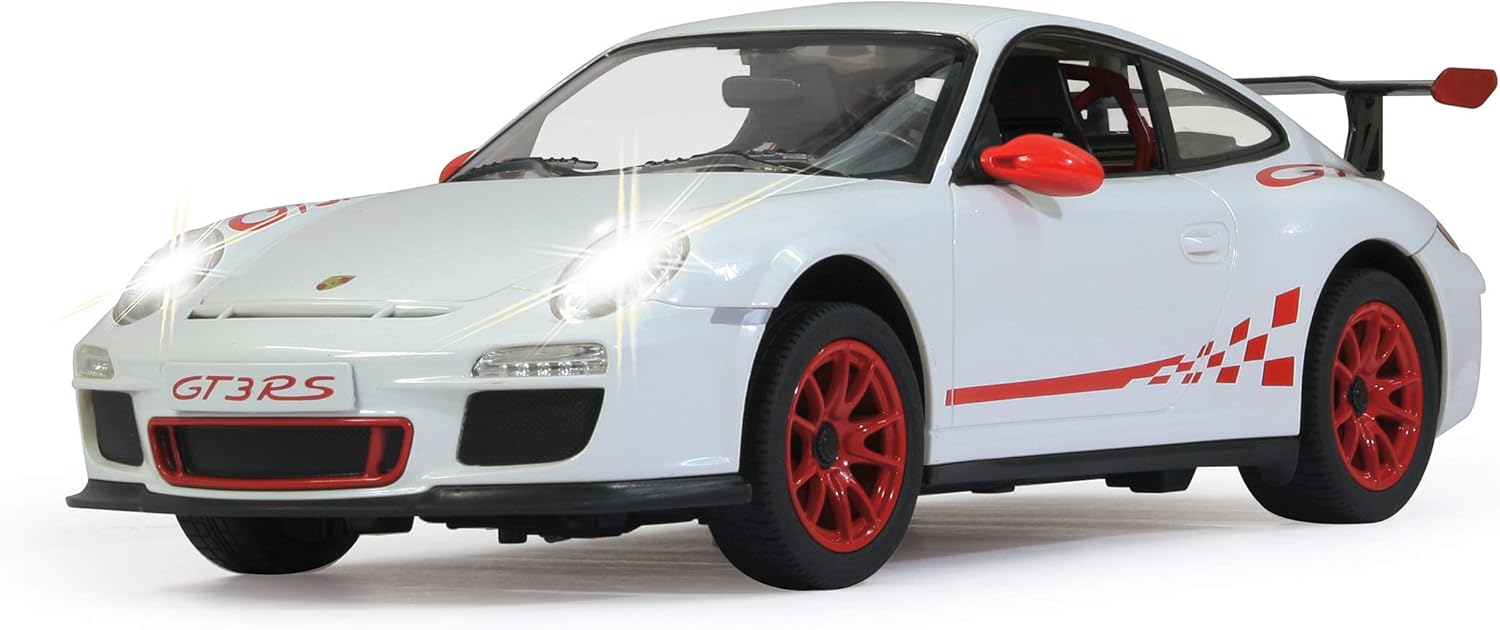ດ້ານໜ້າ view of Jamara Porsche GT3 RS Deluxe Car with headlights on