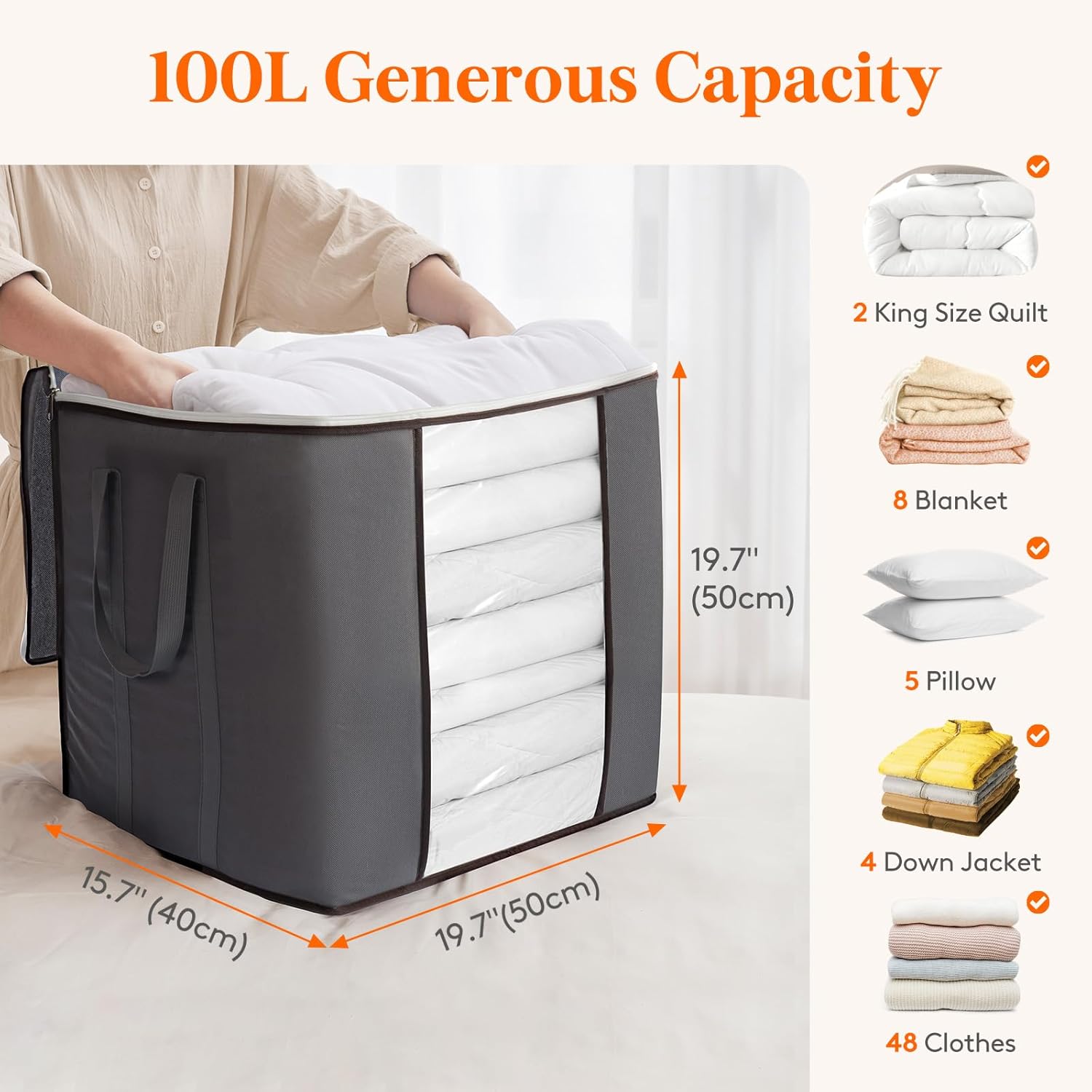 Lifewit 100L Extra Large Blanket Storage Bags, Foldable Comforter Storage with Reinforced Handles, Clothes Storage Containers for King Comforter, Bedding, Pillow, Sheet, Storage Bin with Lids 6 Pack - Image 3