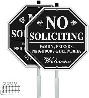 T&R No Soliciting Sign for House with 42" Stake - 2 Pack - 10"x10" .040 Rust Free Aluminum, Reflective, Waterproof, Weatherproof and Fade Resistant, 4 pre-drilled holes,Includes Matching Screws & Wrench, Easy to Mount(Family Welcome)