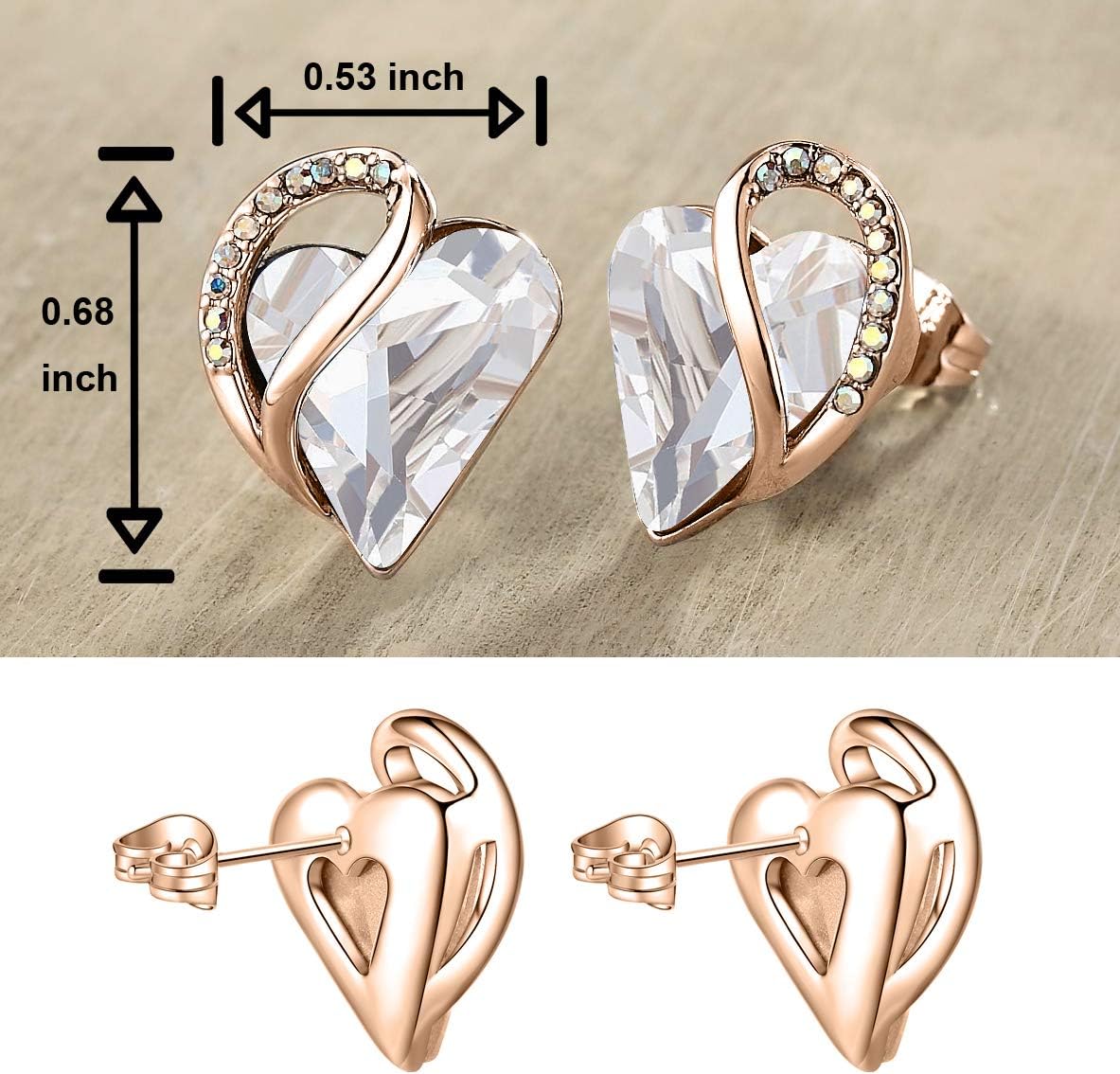 Leafael 18K Rose Gold Plated Love Heart Stud Earrings with Healing Stone Crystal Jewelry Gifts for Women - Image 2