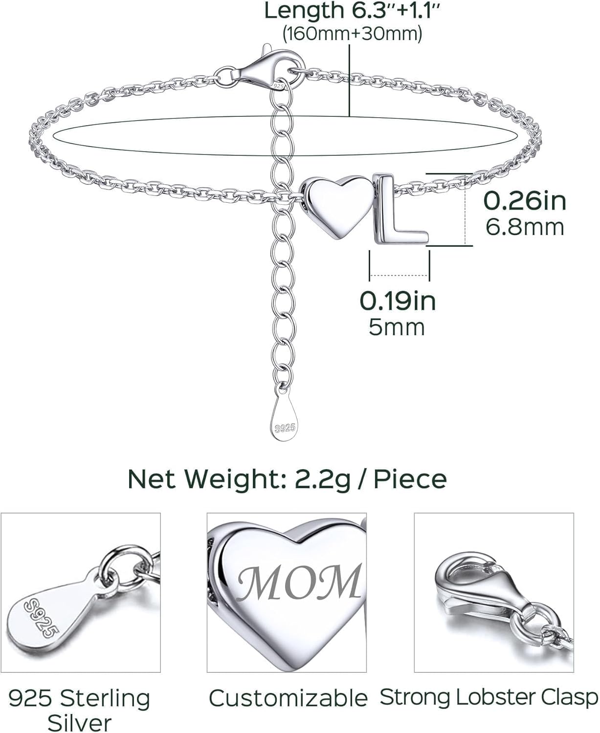 ChicSilver Sterling Silver Initial Bracelet Letters Personalized Heart Bracelet Hypoallergenic Dainty Bracelets for Women - Image 7