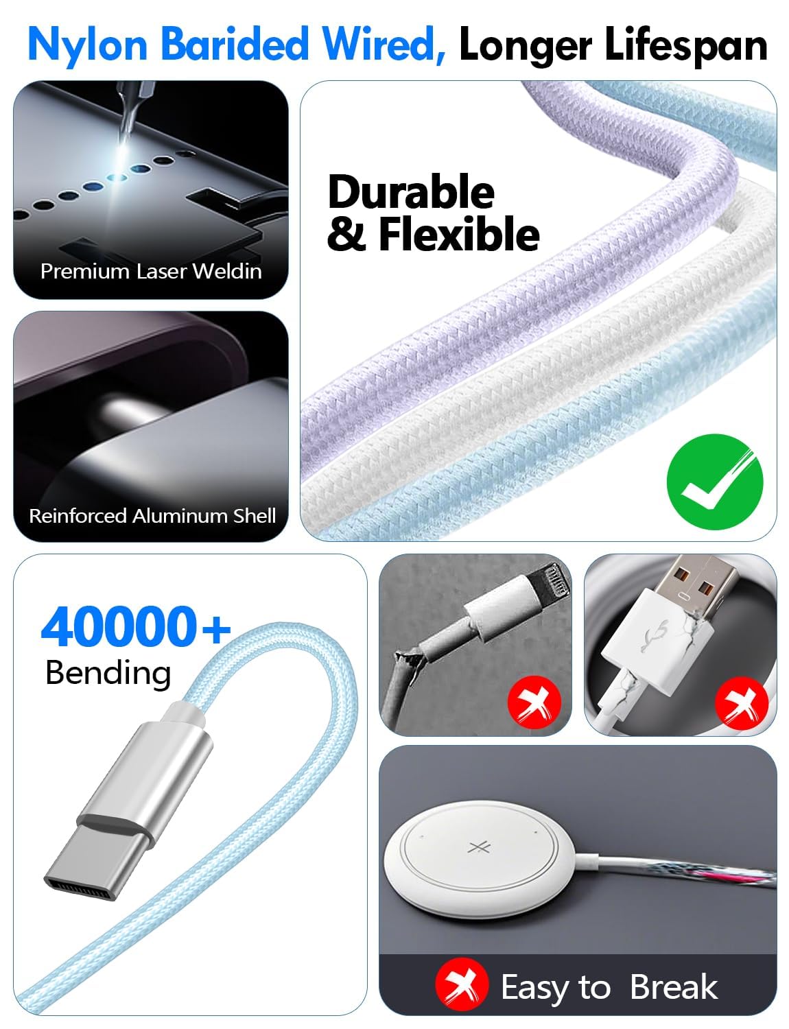 Multi-Ladekabel für Reiseutensilien, Apple Watch-Ladegerät, iPhone-Ladegerät, 3-in-2, Typ C/Lightning-Kabel, tragbar, entworfen für iWatch, iPhone 17–8, Galaxy S26–21, AirPods, iPad, 1,5 m, Blau, 2