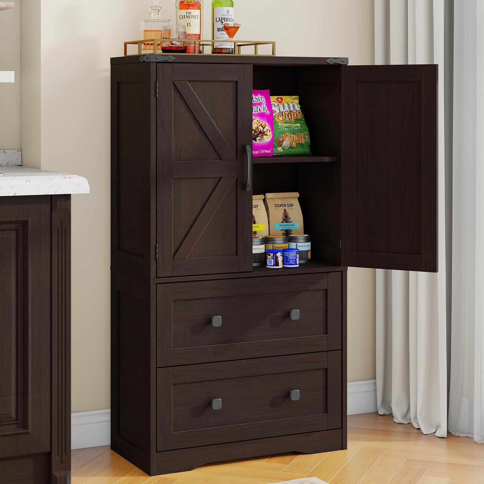 Vabches Farmhouse Bathroom Storage Cabinet with 2 Big Drawers and Barn Doors, Kitchen Pantry, Freestanding Storage Cabinet with Adjustable Shelves for