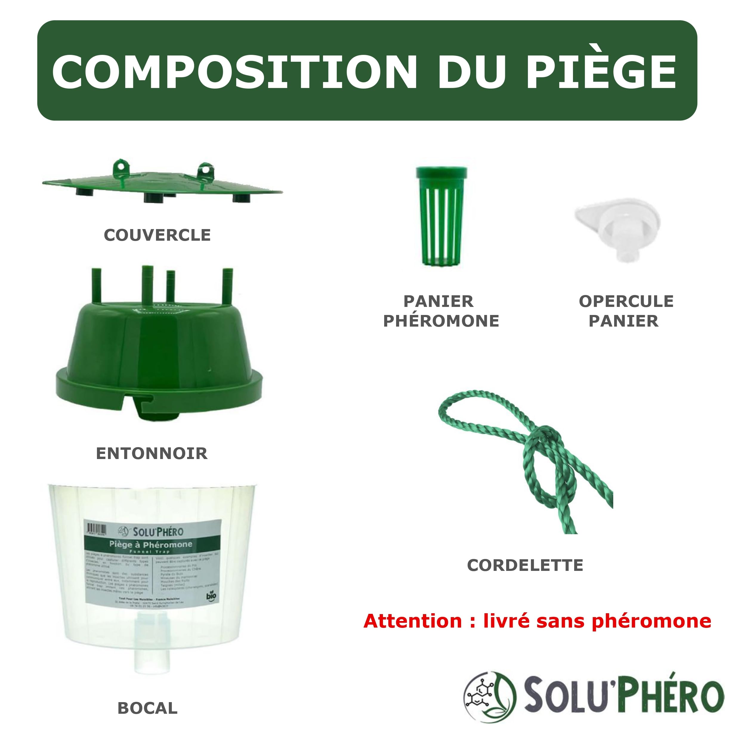 Lot de 3 Pièges à Phéromones Funnel Trap, SOLU'PHERO – Piège Papillons Lépidoptères – Usage Jardin & Vergers – Piège Réutilisable à Suspendre ou sur Pied – sans Phéromone
