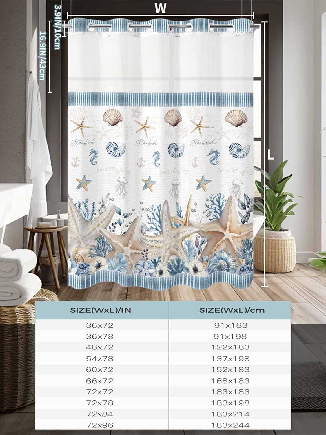No Hook Shower Curtains with Snap-in Liner Set, Beige Starfish Coastal Waterproof Bathroom Shower Curtain, Blue Summer Beach Coral Shell Nautical Breathable Mesh Top Window Bath Curtains 60''x72''