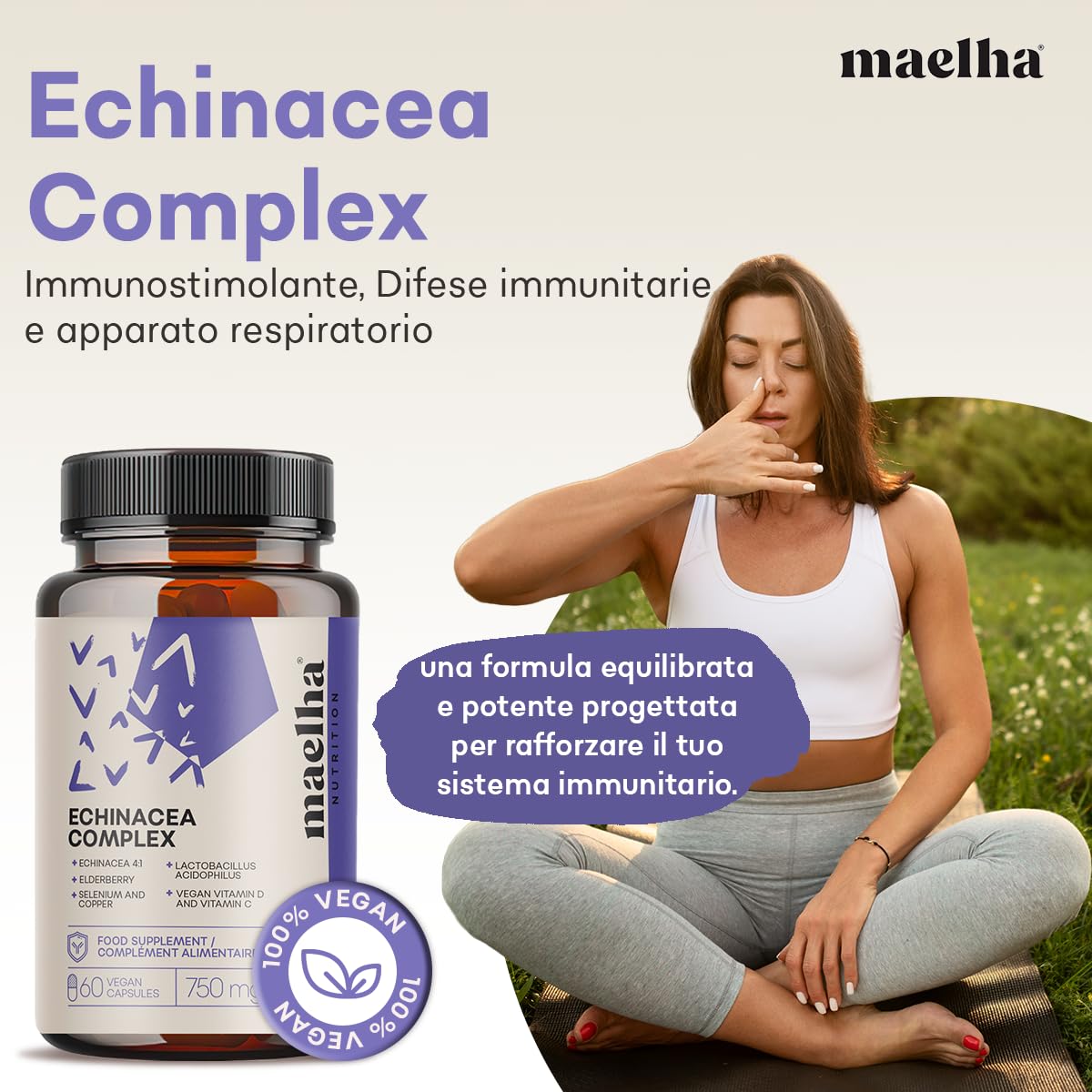Echinacea Immuno Complex | Echinacea, ESTER-C, Beta-glucani, Sambuco, Vitamina D, Selenio, Rame, Lactobacillus acidophilus | Sistema immunitario | 60 Capsule | Integratore 100% Naturale