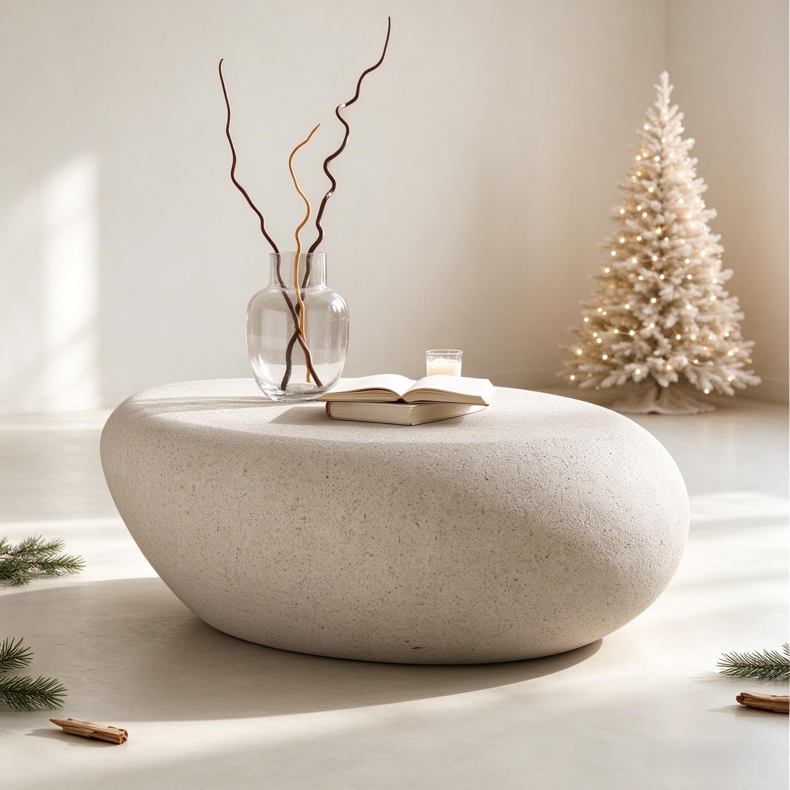 43.31'' Fiberglass Rocks Coffee Table for Living Room,Matte Rocks Sofa Table,Vintage Irregular Center Table,No Need Assembly (Cream White) 43.31'' Cream White