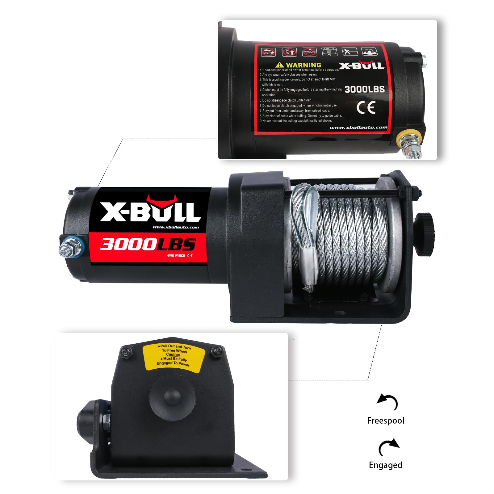 X-BULL Wyciągarka elektryczna do quada - Siła uciągu 3000 funtów (1360 kg) - Elektryczna wciągarka linowa - Pługi, UTV, ATV, Quady, Terenowe - 29 x 11 x 11 cm - 12 V, Czarny