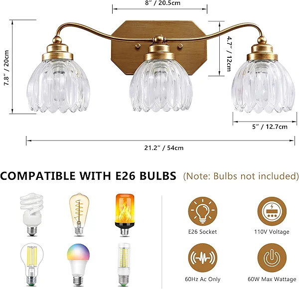 Vintage Bathroom Light Fixtures, Gold Bathroom Vanity Light, Matte Antique Brass Finish with Crystal Glass Shade, Wall Sconces Lighting for Bedroom, Living Room, Hallway (Gold, 3-Light)