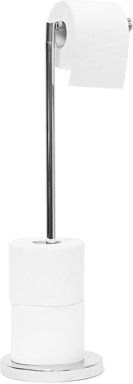 Relaxdays Standing Toilet Paper Holder, 69 x 16.5 x 16.5 cm Free-Standing Toilet Paper Roll Stand Steel Roll Holder for Spare TP, Chromed, Silver