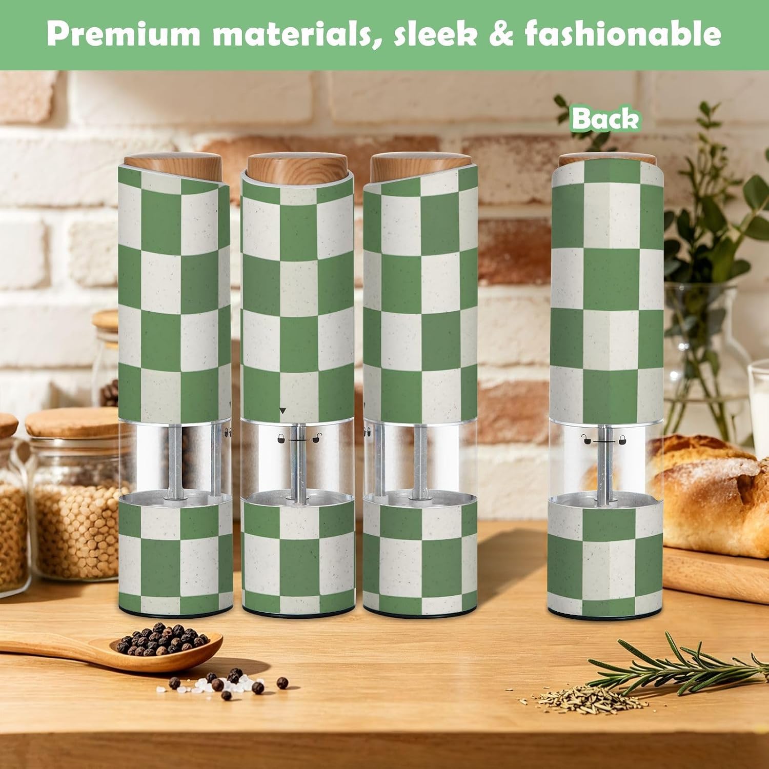 ALAZA Electric Pepper Grinder with Adjustable Coarseness, Green and White Checkered Battery Automatic Salt and Pepper Mill with Led, One-Handed Operation Spice Grinder for Kitchen, Camping & BBQ