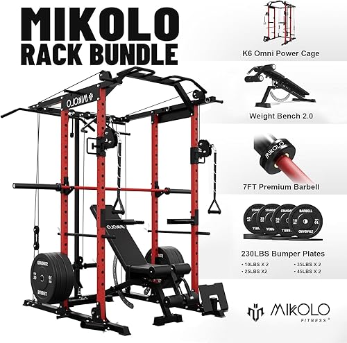 Miniatura 2 de Mikolo Jaula de Potencia, Rack de Potencia con Sistema de Cruce de Cables, 1500LBS Rack para Sentadillas con Sistema de Jalón LAT, Jaula de Rojo