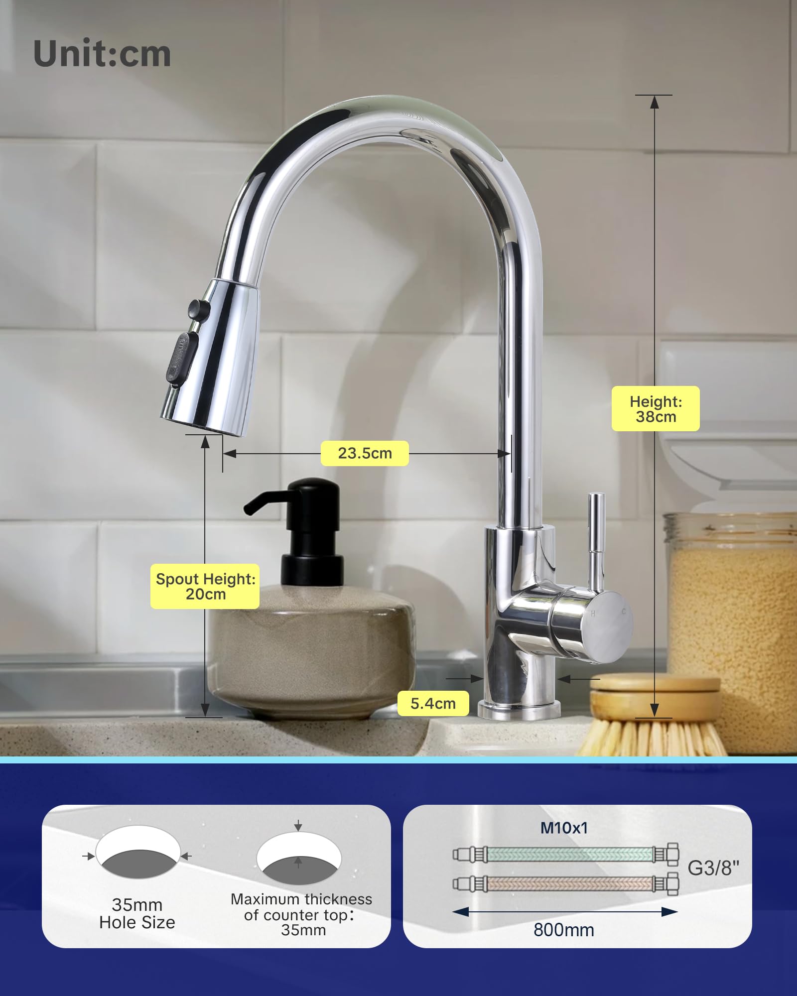 ARCORA Küchenarmatur mit Ausziehbarer Brause, 360° Schwenkbarer Wasserhahn für die Küche, 3 Strahlarten, Einhebelmischer Spültischarmatur aus Edelstahl mit Keramikkartusche, Chrom