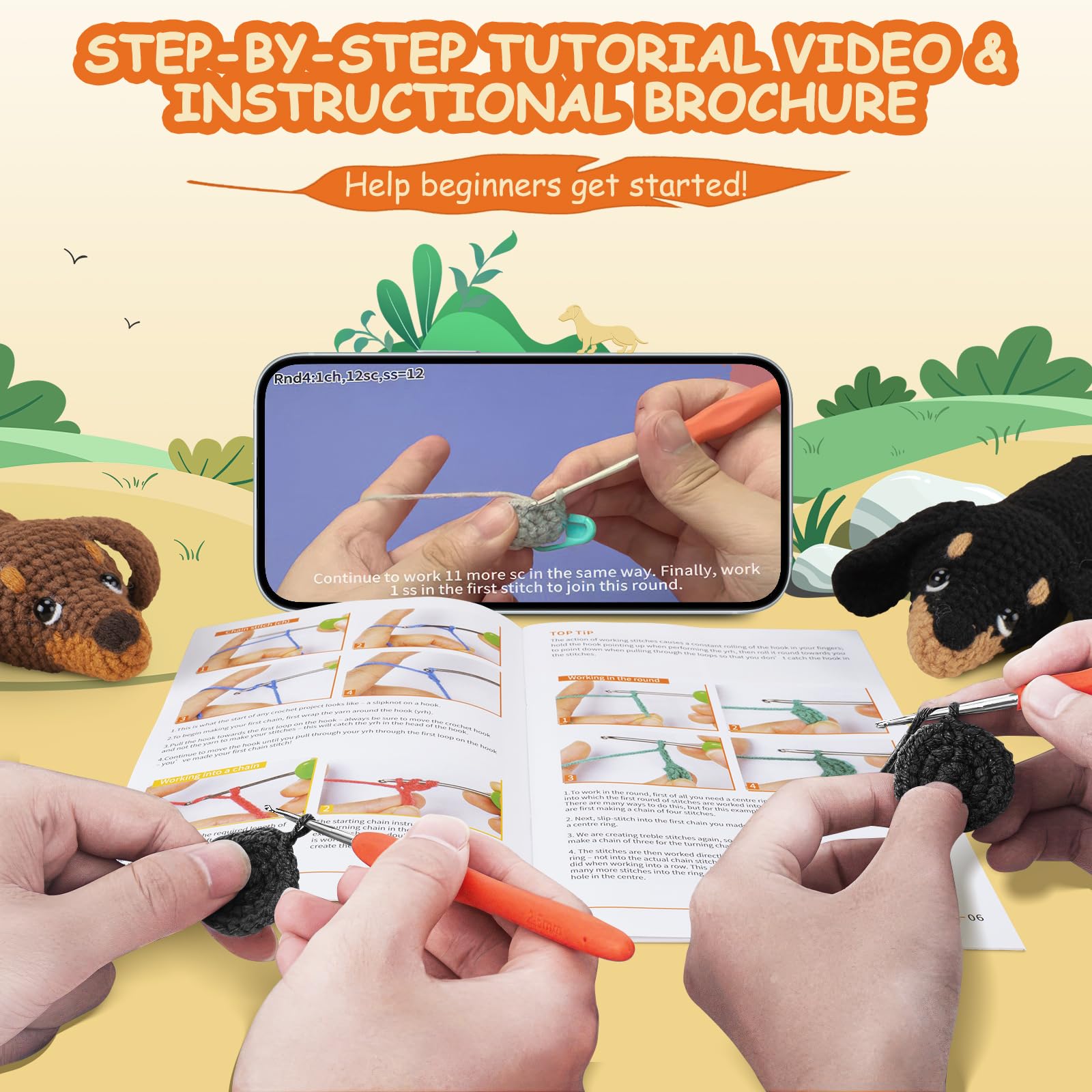 Crochet Kit for Beginners - 2 PCS Dachshund Crochet Kits with Step-by-Step Video Tutorials, Beginner Crochet Kit for Adults, Crochet Animal Kit for Kids, Dog Crocheting Set (Brown & Black)