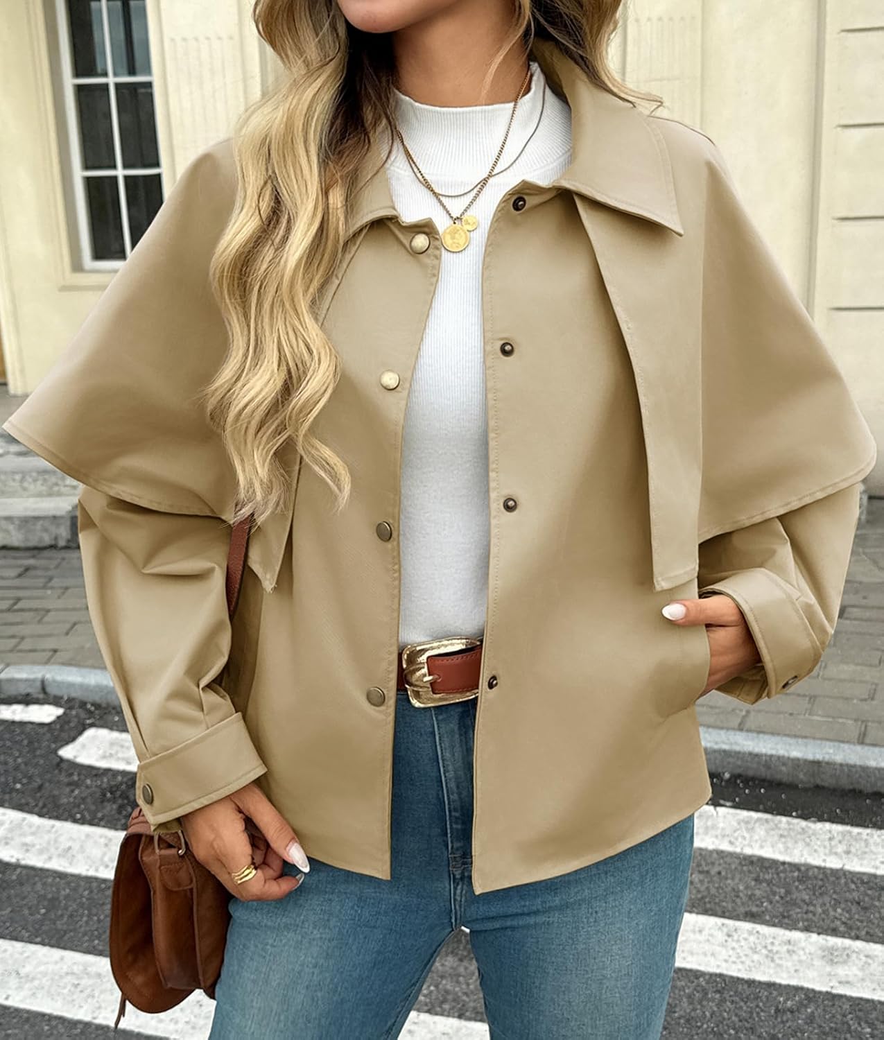 Tankaneo Womens Cropped Trench Coat Casual Lapel Single Breasted Cape Sleeve Short Jacket 2025 Fall Fashion Outerwear - Image 2