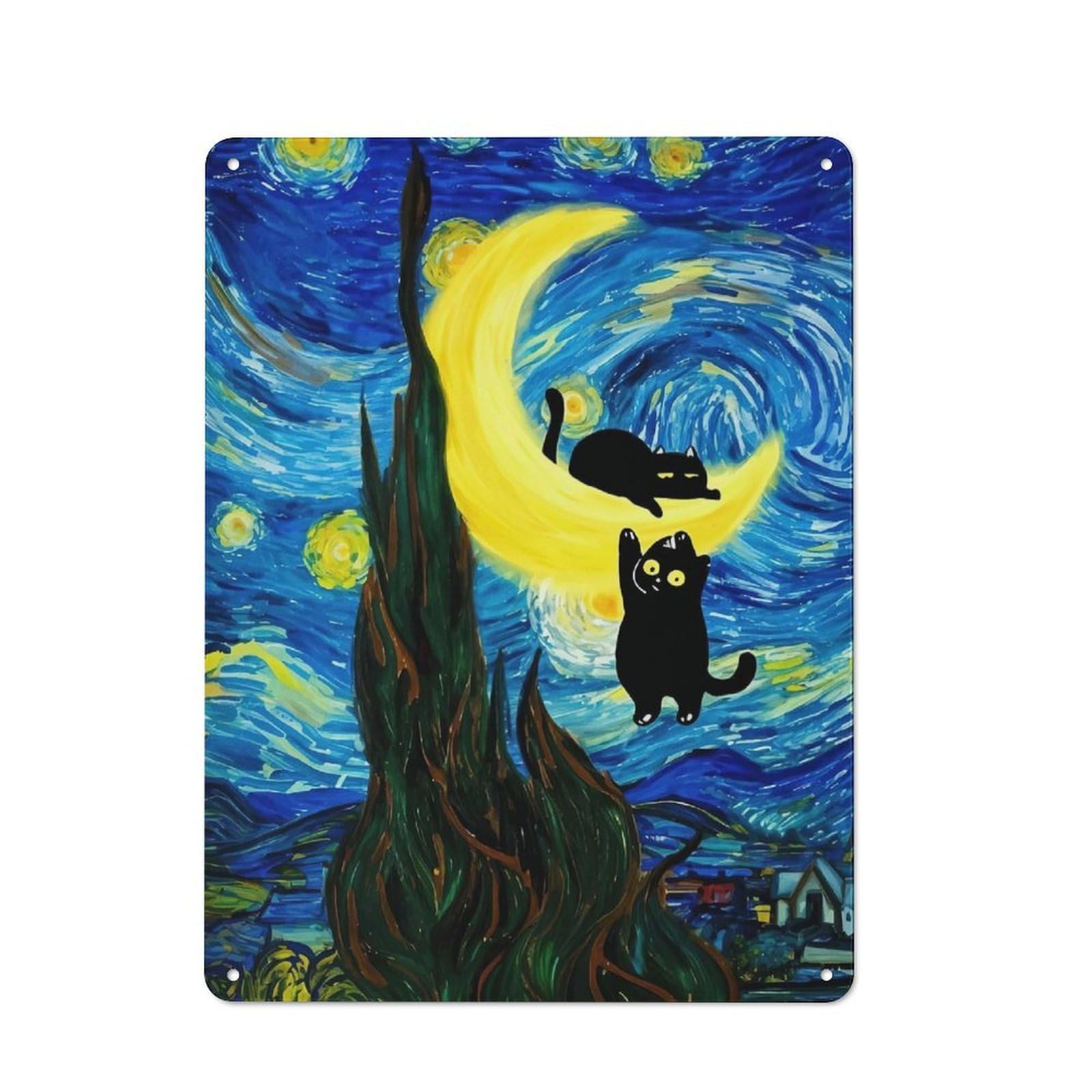 Junmoney Cats On The Crescent Moon Tin Wall Plaque 40X30cm With For Kitchen Or Home Bar, For Metal Sign Collectors, For Cafés, Pubs And Restaurants