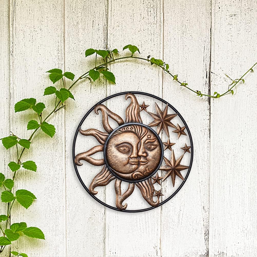 11.4 * 11.4" Cast Iron Heavy Duty Sun Face Wall Plaque, Wrought Iron Metal Wall Art Decoration Creative Sun Moon Sculptures Hanging Ornaments Statue for Home Living Room Garden Decor