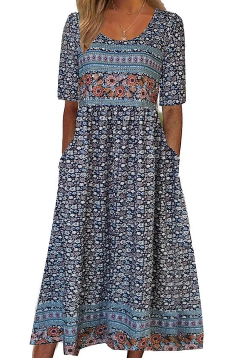 ABYOVRT Vestidos Largos Verano para Mujer Maxi Casual Estampada Retro Vestido de Manga Corta Informal Vestido de Playa con Bolsillos,S-XXL