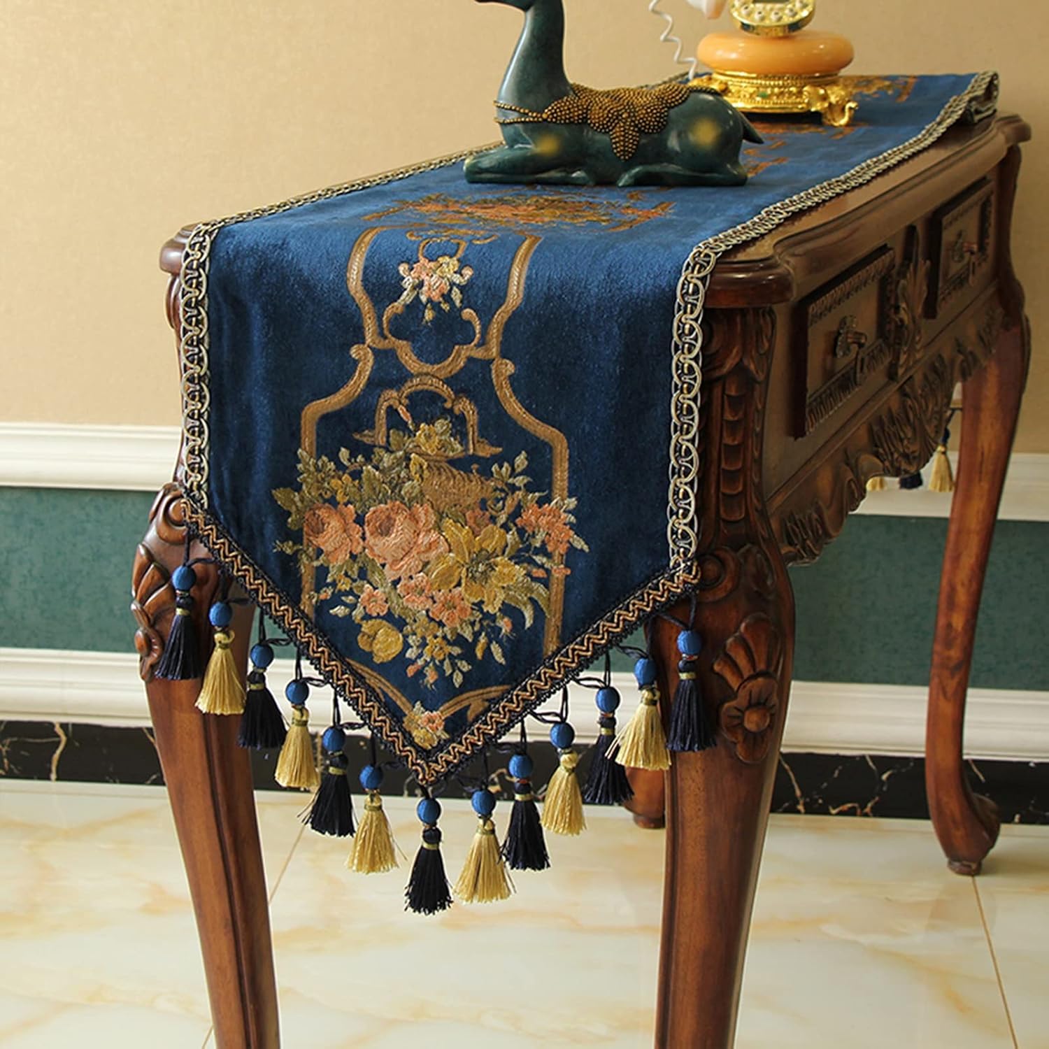 Table Runner RENRUIRUI- Multi- Size Luxury Flowers Embroidered Jacquard, with Handmade Multi-Tassels, for Dining Room Dresser Wedding Party Decorations,Blue (Size : 35200cm)