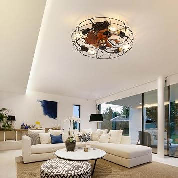 Yozma Ceiling Fan With Light, Flush Mount Ceiling Fan, Black Caged Ceiling Fan, 20 Inch Low Profile Fan With Remote, ABS Blades, Energy Efficient Reversible DC Motor, 6 E26 Bulbs Included
