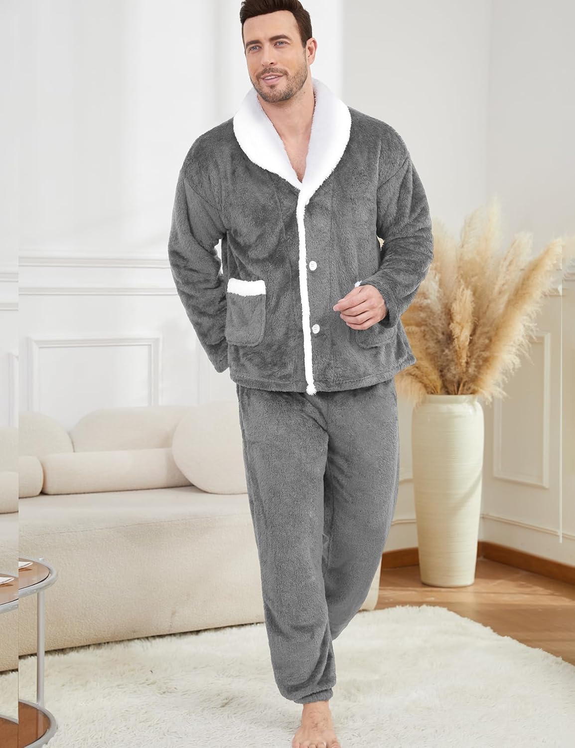 Gihuo Mens Button Down Pajama Sets Lounge Sleepwear Fuzzy 2 Piece Pjs Set Fleece Lounge Set Fluffy Pants Set - Image 3