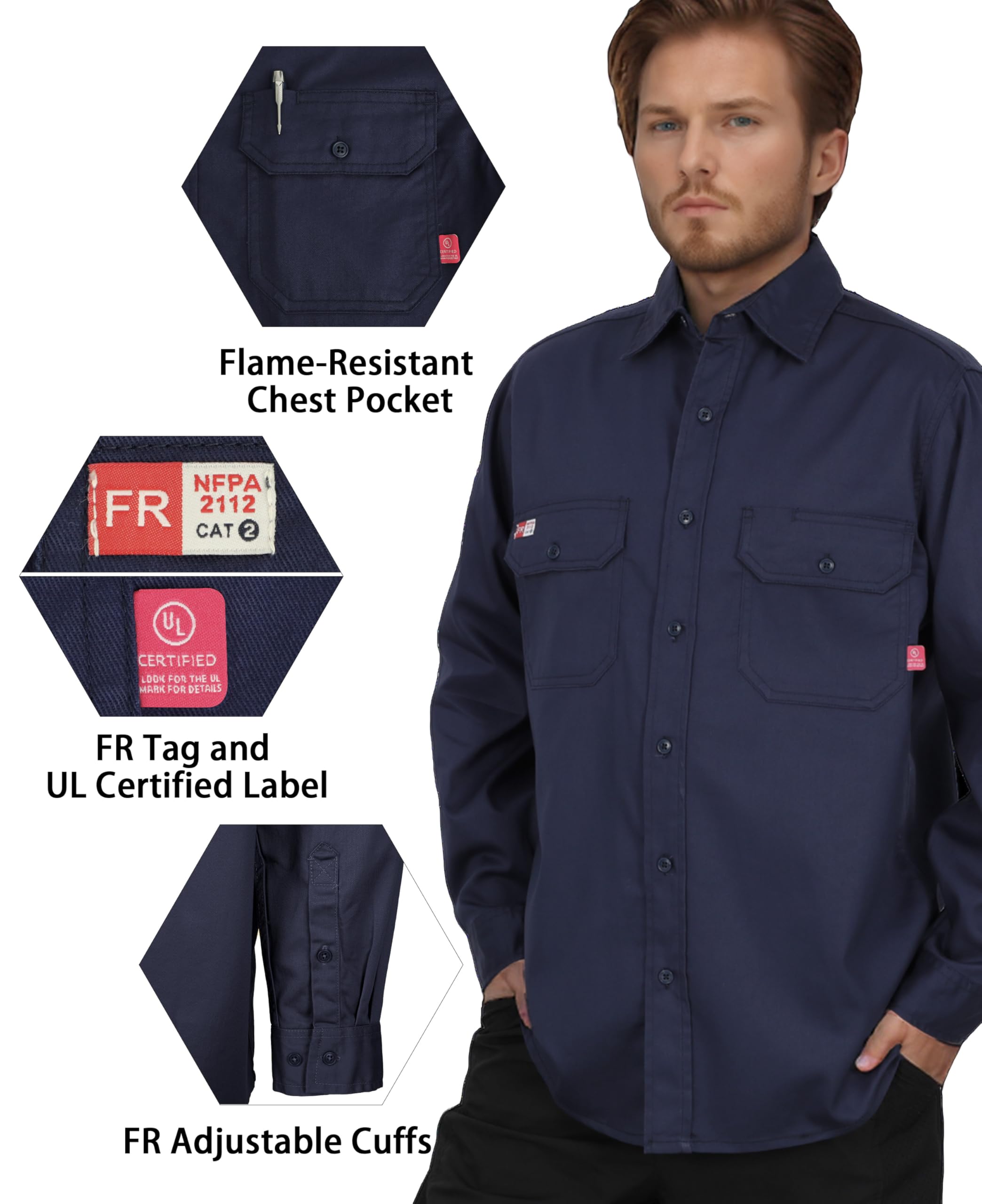 TICOMELA FR Chemises ignifuges pour homme, CAT2, poids léger, 184,3 g, chemise de soudage ignifuge pour homme | Chemises de travail résistantes aux flammes avec poches utilitaires pré-rétrécies et infroissables