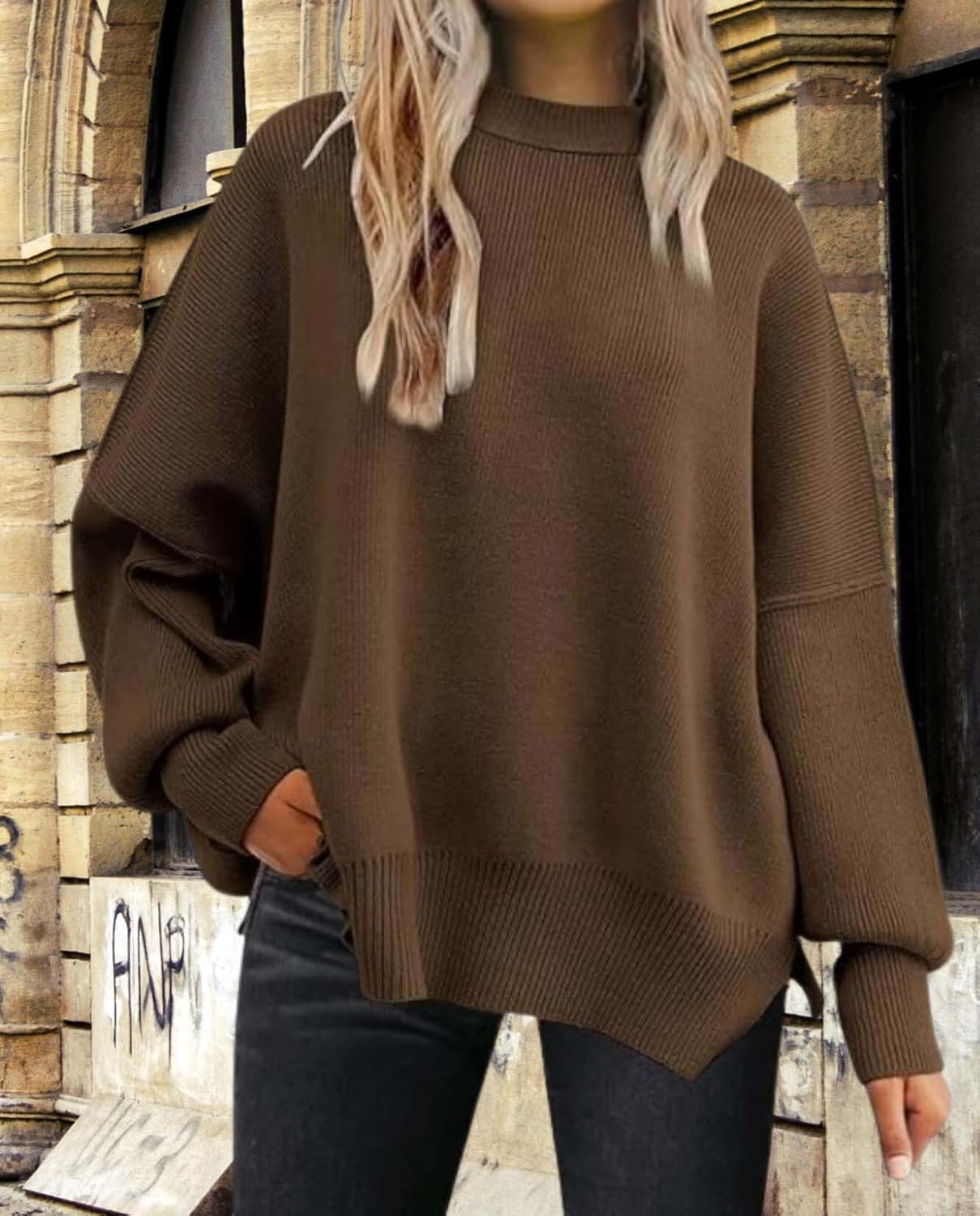 2025 Fall Womens Oversized Batwing Sweater Fashion Crew Neck Knit Side Slit Cozy Fall and Winter Pullover Sweater - Image 2