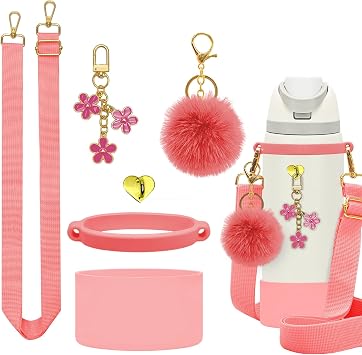 6Pcs Accessories for Owala Water Bottle 24oz 32oz,Adjustable Handle Strap,Plush Ball,Flower Charms,Rubber Ring,Heart-Shaped Hook,Charms,Siliocne Boot for FreeSip 24oz 32 oz