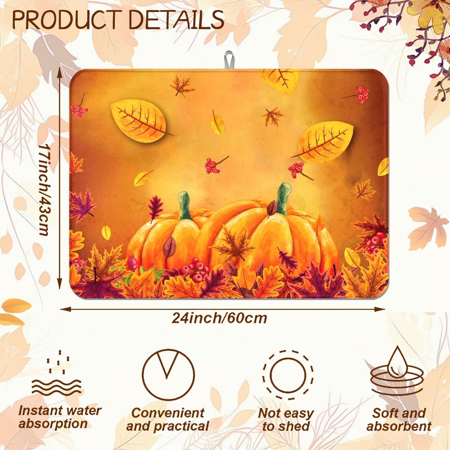 Fall Dish Drying Mat, Harvest Pumpkin Maple Leaf Kitchen Pad 18x24 Inch