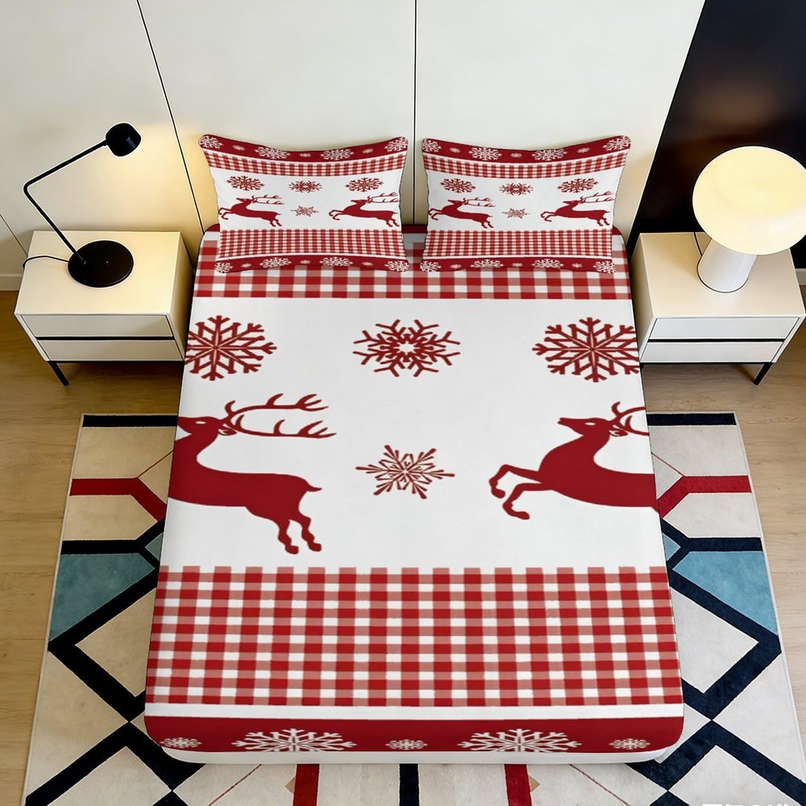 3D Printed Red Reindeer Fitted Sheet Microfiber Soft Breathable Snowflake Bed Cover for Bedroom Dorm Decoration 90x200x25cm