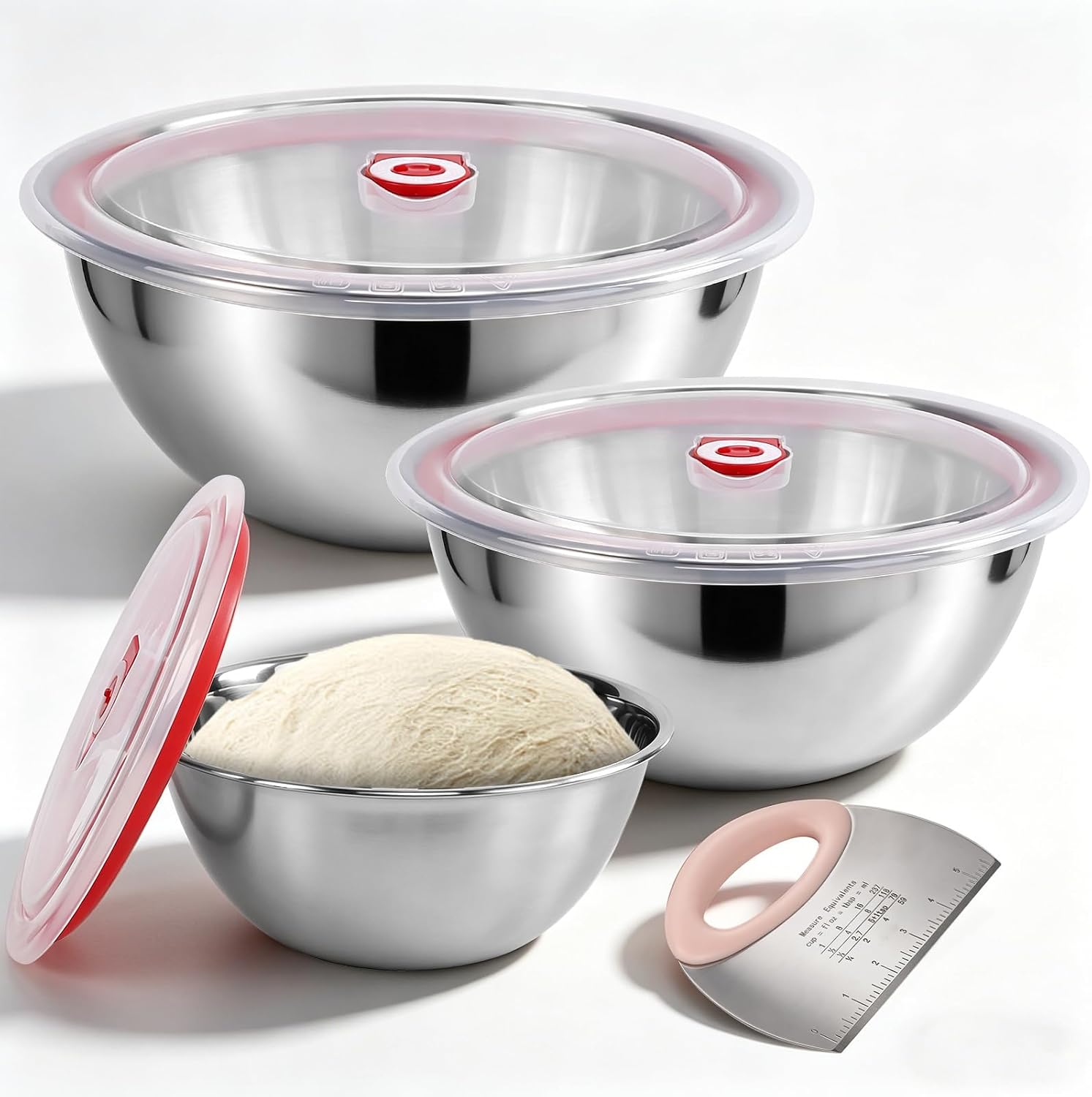 2 PCS Pizza Dough Proofing Box Kit, 14.2x11 Inches 304 Stainless Steel Dough Proofing Container with Lid Fits 6 Dough Balls, Includes 2 Plastic Dough Scrapers, Ideal for Bulk Fermentation
