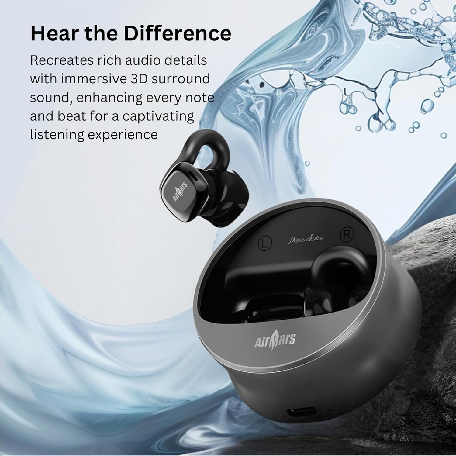 AIRMARS Open Ear Earbuds, Bluetooth 5.4, 25Hr Battery Life, Clip-On Design, 360° Sound, Compatible with iPhone Android (Comsic Grey)