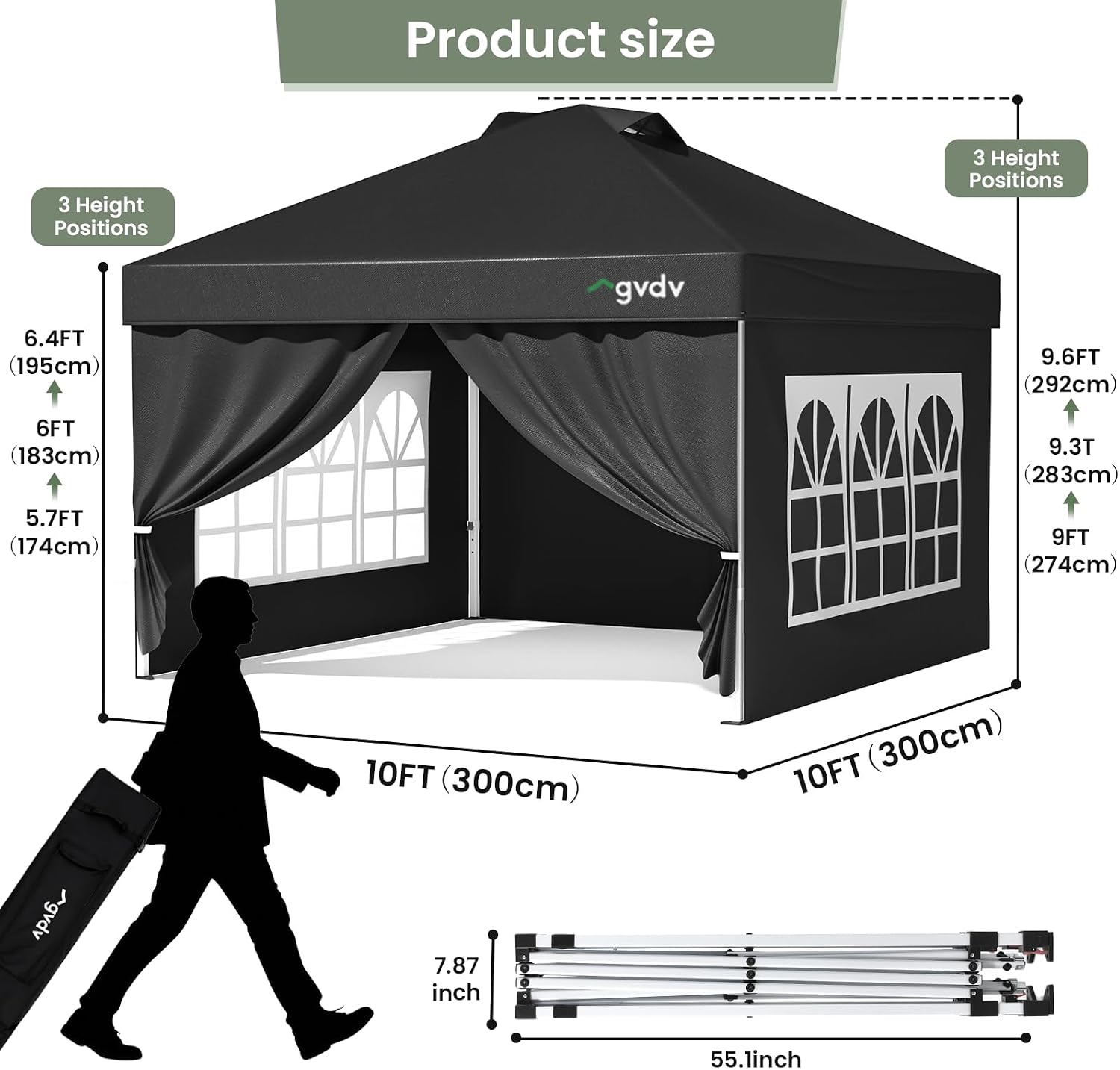 GVDV 10x10 Pop Up Canopy Tent with 4 Sidewalls, Beach Tent with One Push Setup, Outdoor Sun Shade for Events, Parties, Camping - Gazebo with Wheelbag, Black, CP23 B