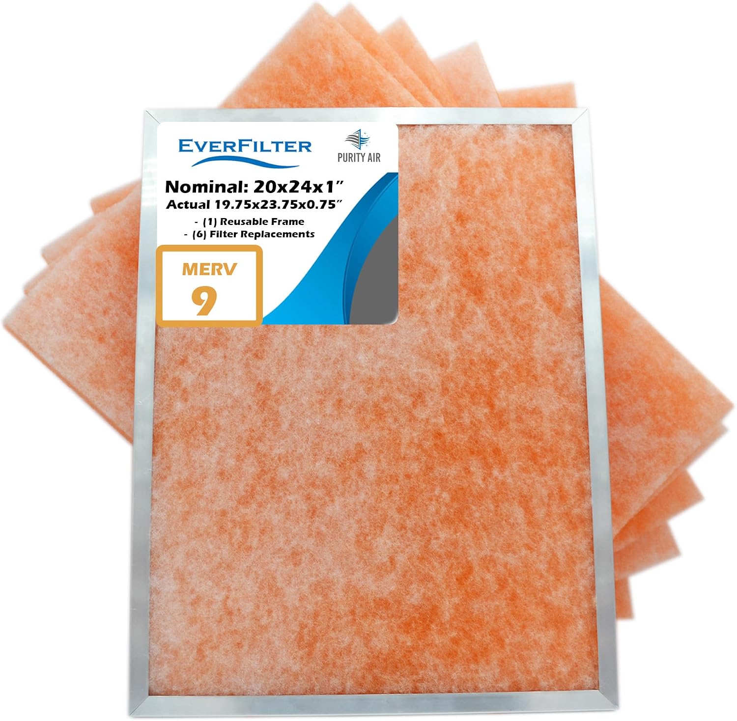 20x24x1 Air Filter MERV 9 (6-Pack) Filter Media Replacement, HVAC AC Furnace Air Filters, Aluminum Reusable Filter Frame (Actual Size: 19.75 x 23.75 x 0.75 Inches)