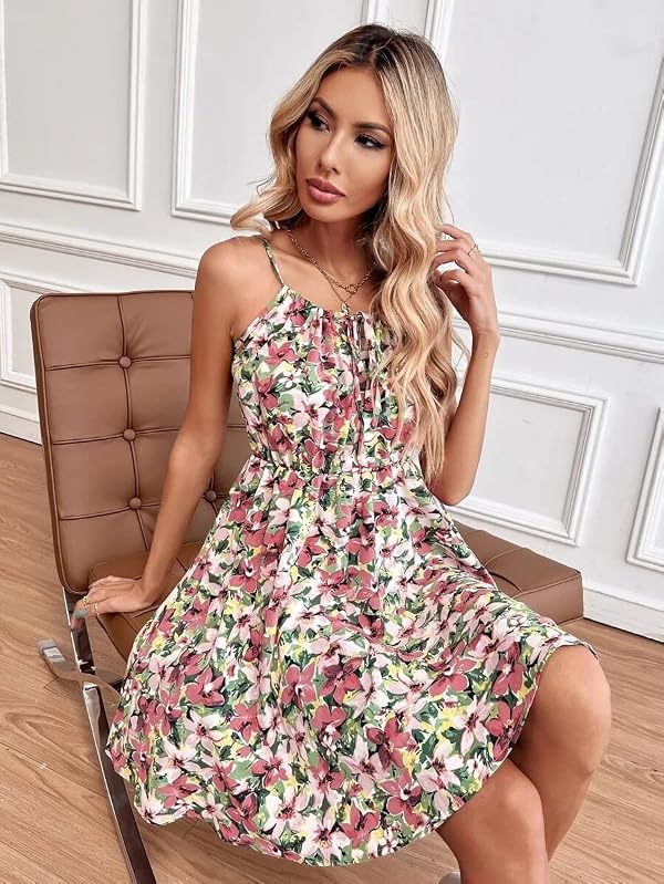 Women's Floral Print Sleeveless Mini Dress, Spaghetti Strap Sundress with Elastic Waist, Casual Summer A-Line Skirt (US, Alpha, Small, Regular, Regular, P) by Generic - Used condition - Image 4
