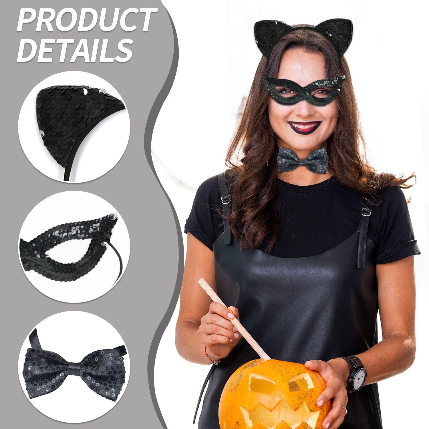 HINFHI 1 Piece Cat Ear Headband, 1 Piece Eye Mask And 1 Piece Bow Tie, Sequin Headband, Role-Playing Accessories - Image 3