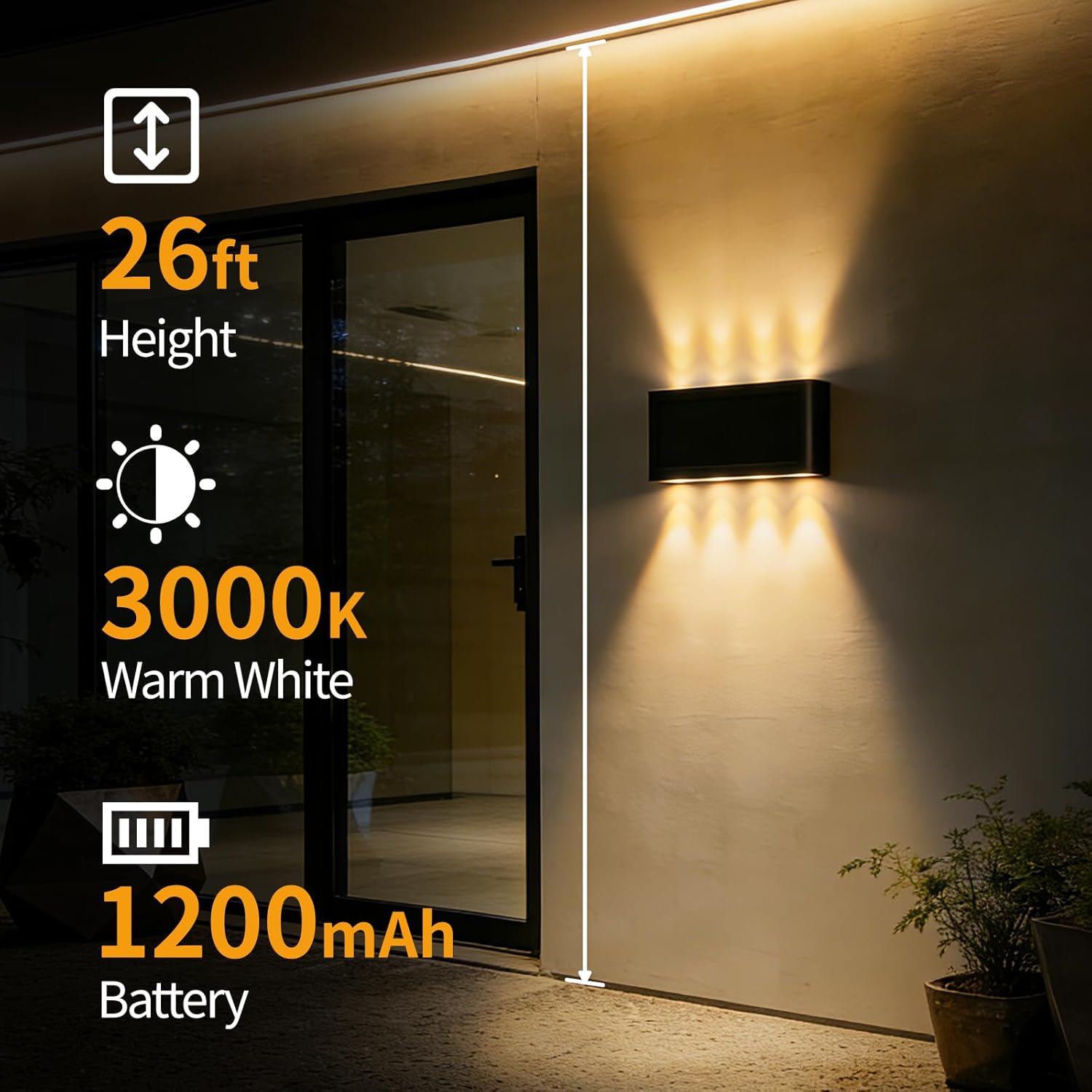 Solar Wall Lights Outdoor 2 Pack, Up and Down Solar Wall Sconce, 3000K Warm White Dusk to Dawn, IP65 Waterproof Exterior Mounted Lights, Up to 16H Runtime for Porch, Doorway, Entryway