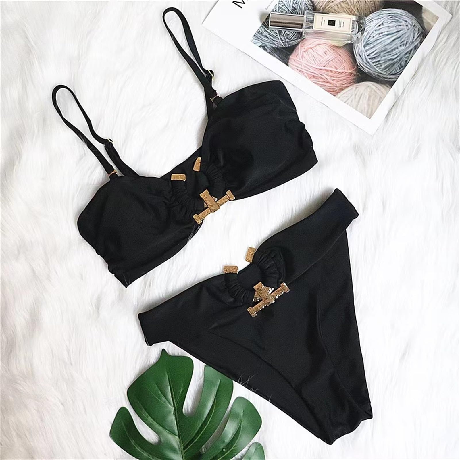 Sexy Bikini Nero Tinta Unita da Donna con Spalle Scoperte, Taglio Alto, Imbottito, Imbottito, con Strass, Costume da Bagno Brasiliano