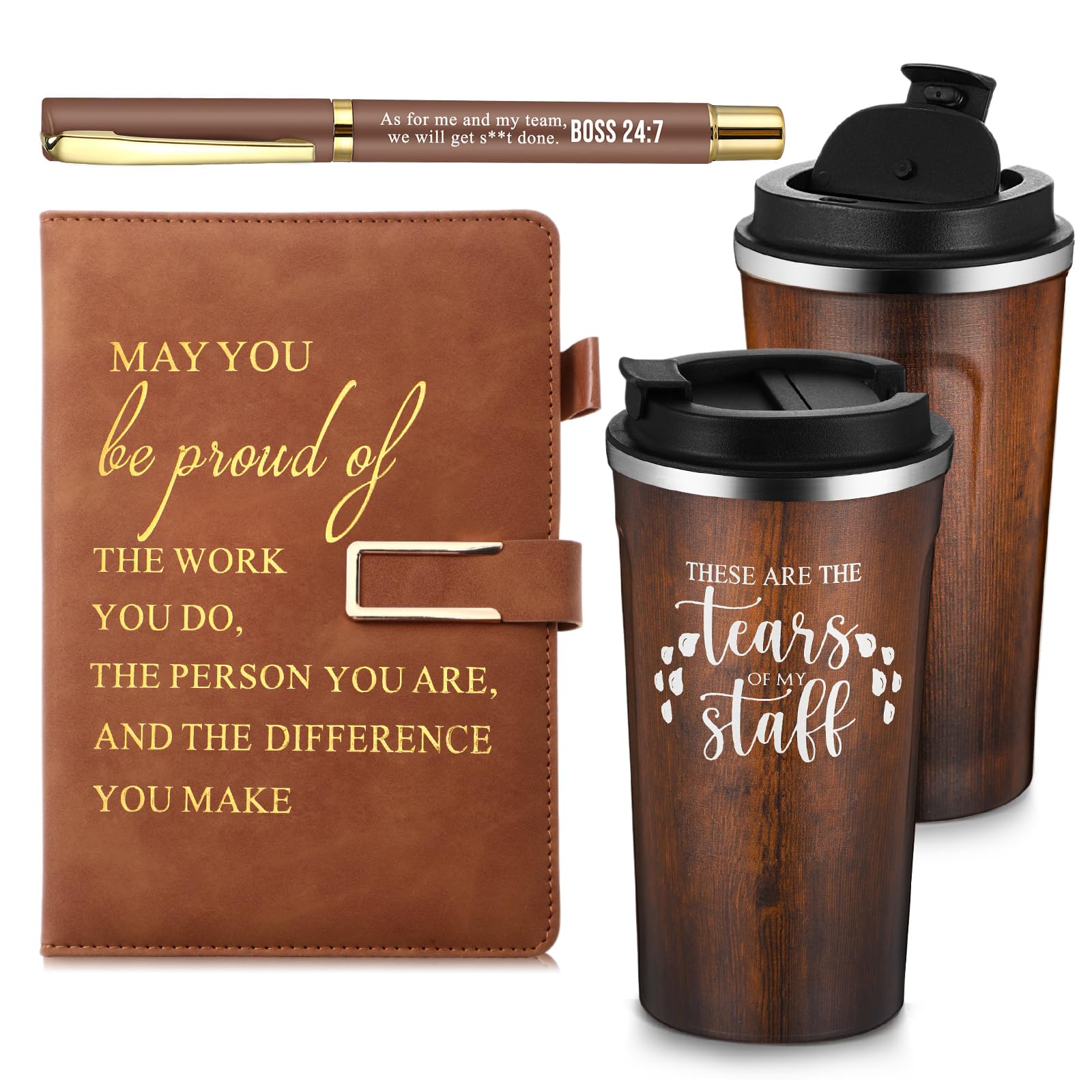 Pickmesh 3 Pcs Boss Gifts for Men 17 oz Tears of My Staff Coffee Tumbler Funny Boss Gifts A5 Leather Journal with Ballpoint Pen for Male Coworker