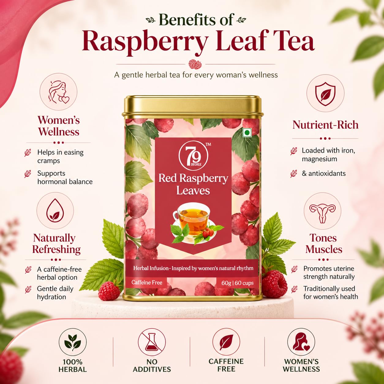 79Degree Raspberry Leaf Tea I Women's Wellness Herbal Infusion I Caffeine Free I Whole Loose Leaf I 60 Gm - 75+ Cups I Premium tinbox 1
