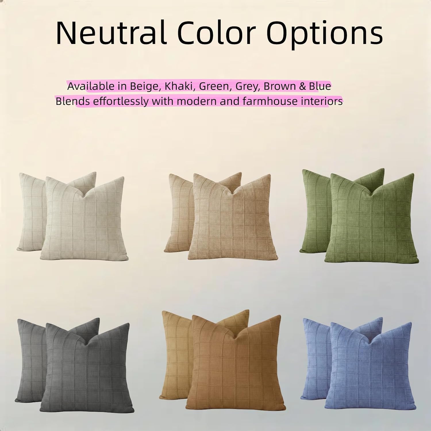 Linen Throw Pillow Covers 18x18 Inch, Textured Plaid Decorative Cushion Covers for Sofa Couch Bed, Farmhouse Square Pillowcase, Grey, 2 Pack