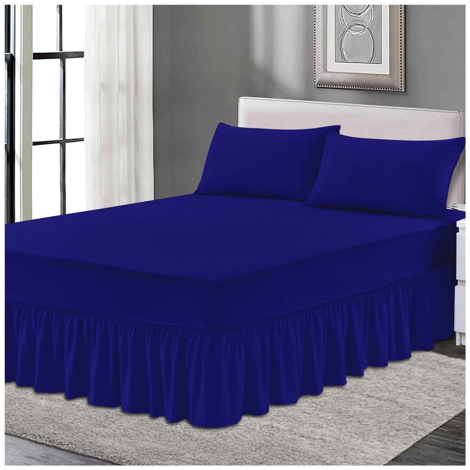 Gc Gaveno Cavailia Royal Blue Plain Elastic Bed Valance Sheet, Ruffles Bed Skirt Sheets, Ultra Soft Bedskirts Valance Bedsheets,